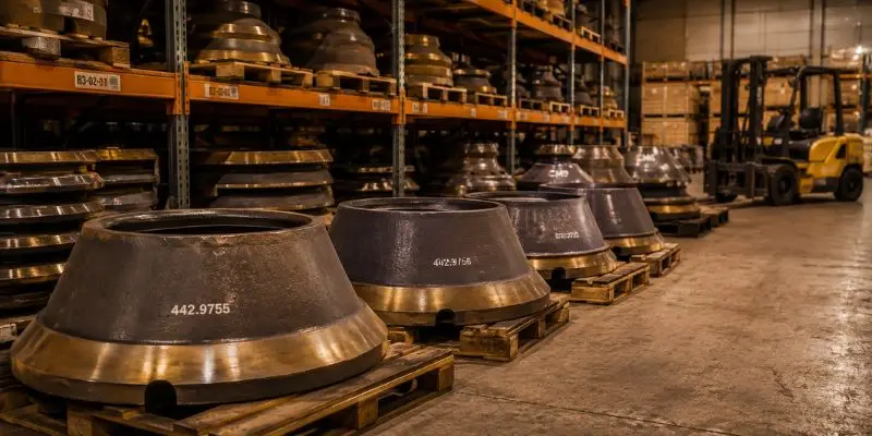 Stocked cone crusher spare parts including mantles and bowl liners organized in a mining parts warehouse ready for emergency deployment