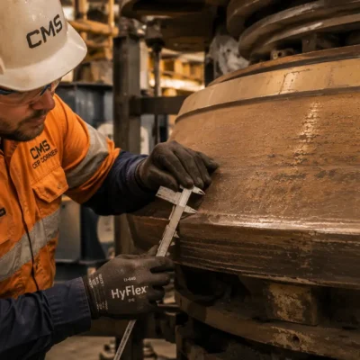 Cone Crusher Wear Parts Inspection Checklist Mine maintenance technician conducting a systematic cone crusher wear parts inspection and measuring liner wear depth at a mining operation