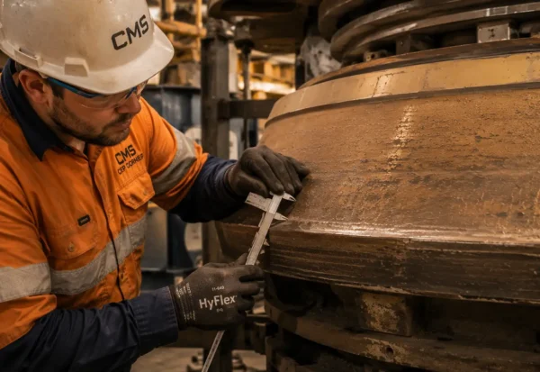 Cone Crusher Wear Parts Inspection Checklist Mine maintenance technician conducting a systematic cone crusher wear parts inspection and measuring liner wear depth at a mining operation