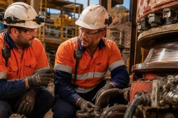 Fractional crusher engineering support Crusher engineer providing direct fractional crusher engineering support to a mine maintenance team member at an active mining site